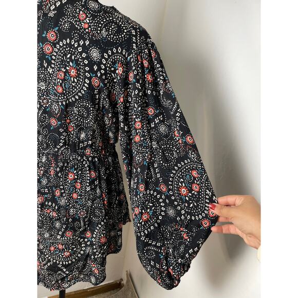 NTW Angie Women's Paisley Lace Hem Boho Floral Elastic Waist Blouse Black L - Picture 5 of 10